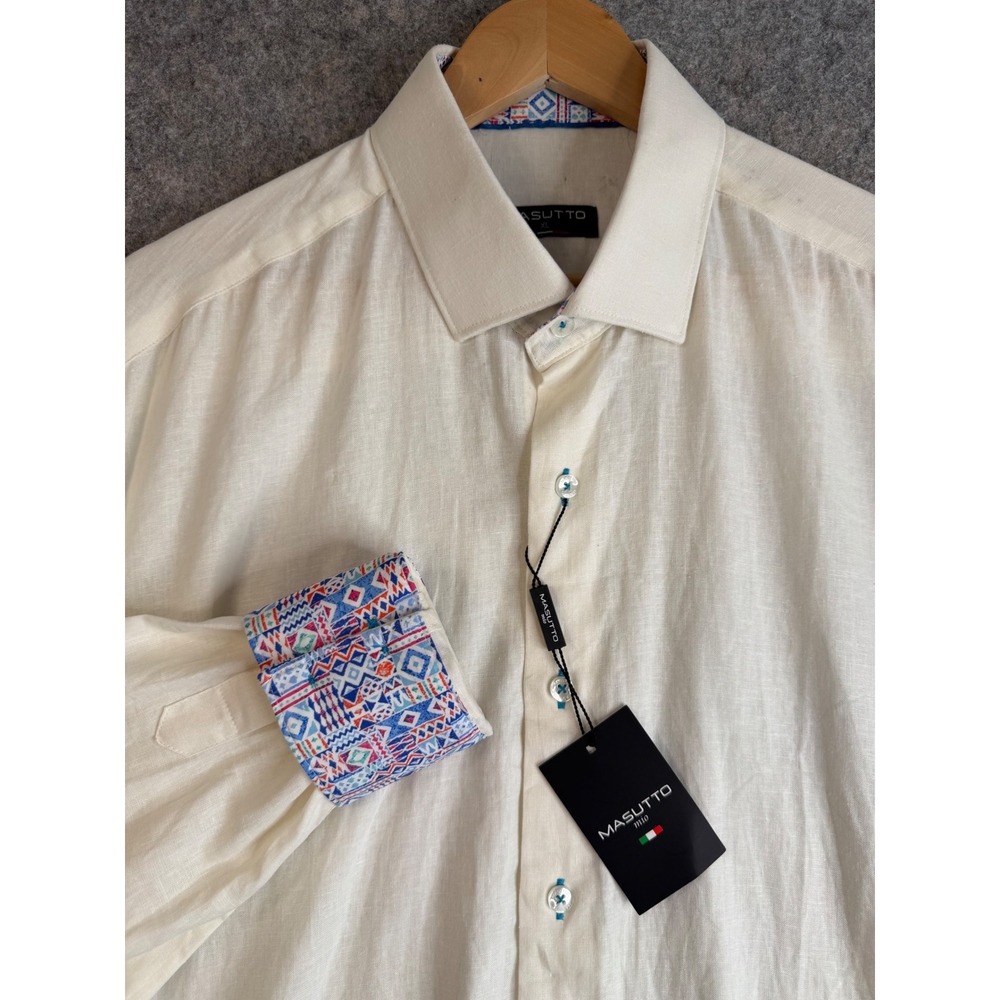 Masutto 100% Linen Button Down Shirt Mens XL Cream Contrast Long Sleeve Coastal